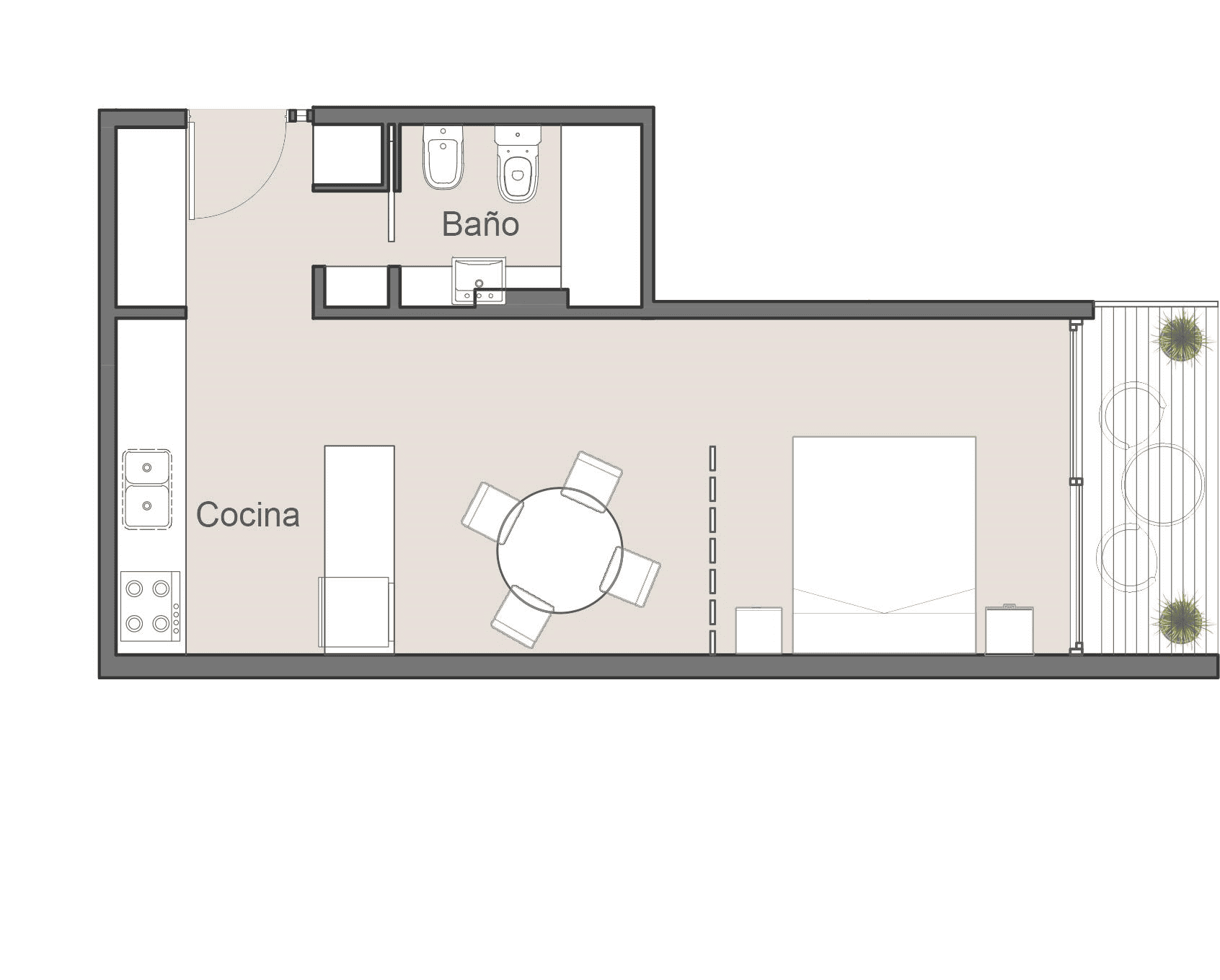 Plano monoambiente contrafrente pisos 1 a 6 - 38.23 m²