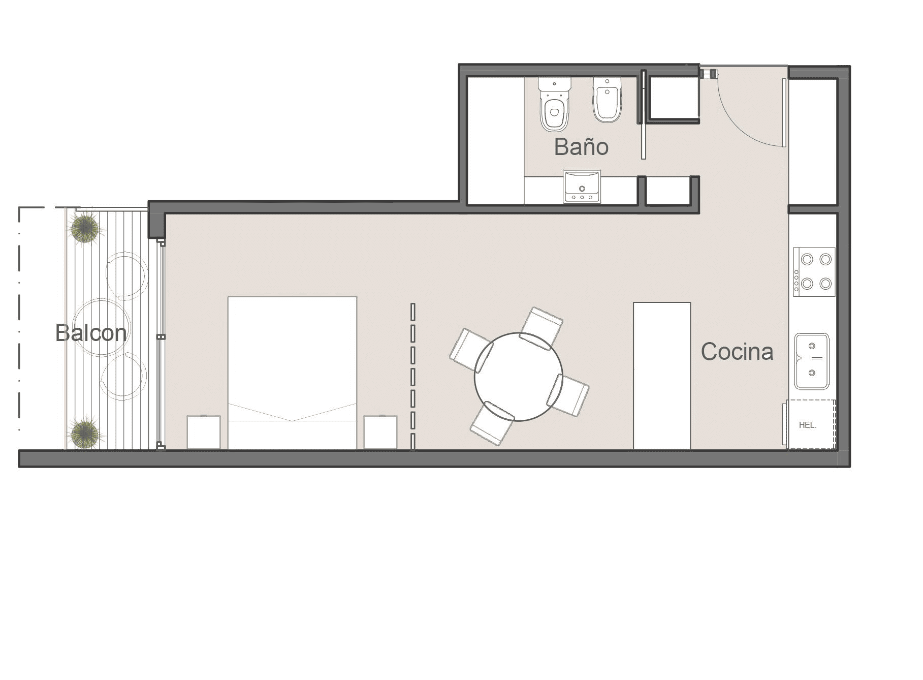 Plano monoambiente frente pisos 1 a 6 - 38.23 m²