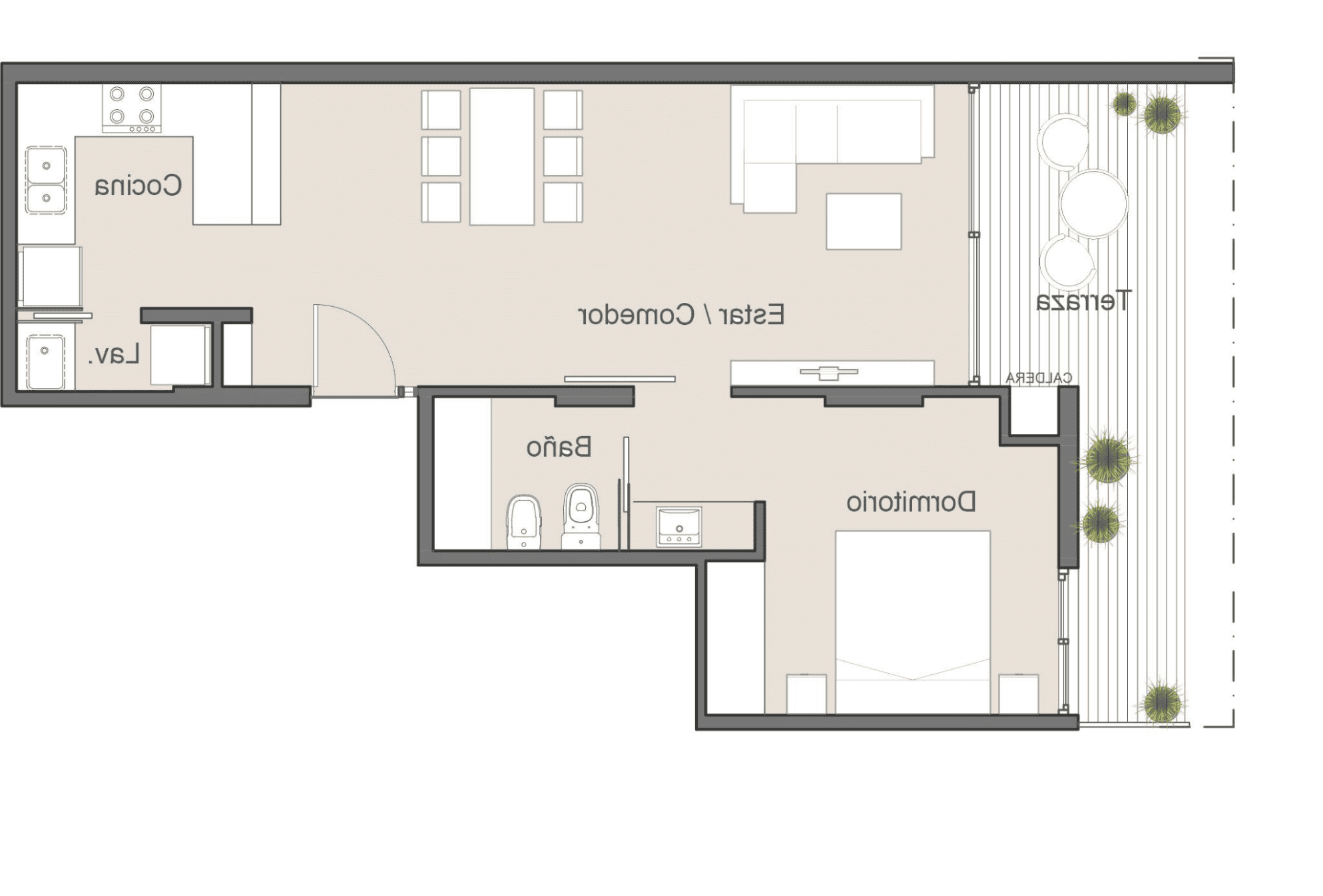 Plano 2 ambientes frente pisos 1 a 6 - 61.85 m²