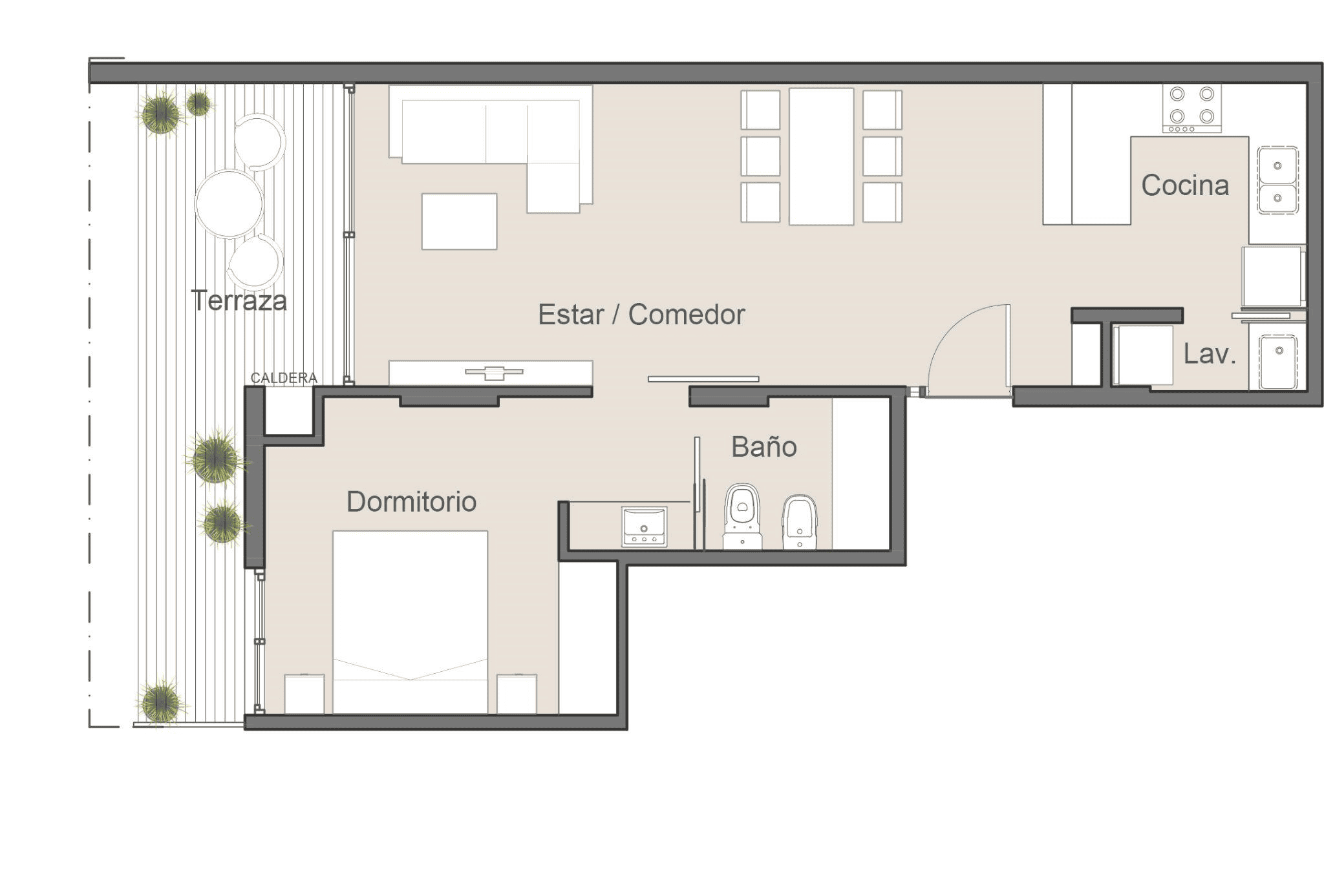 Plano 2 ambientes frente pisos 1 a 6 - 61.85 m²