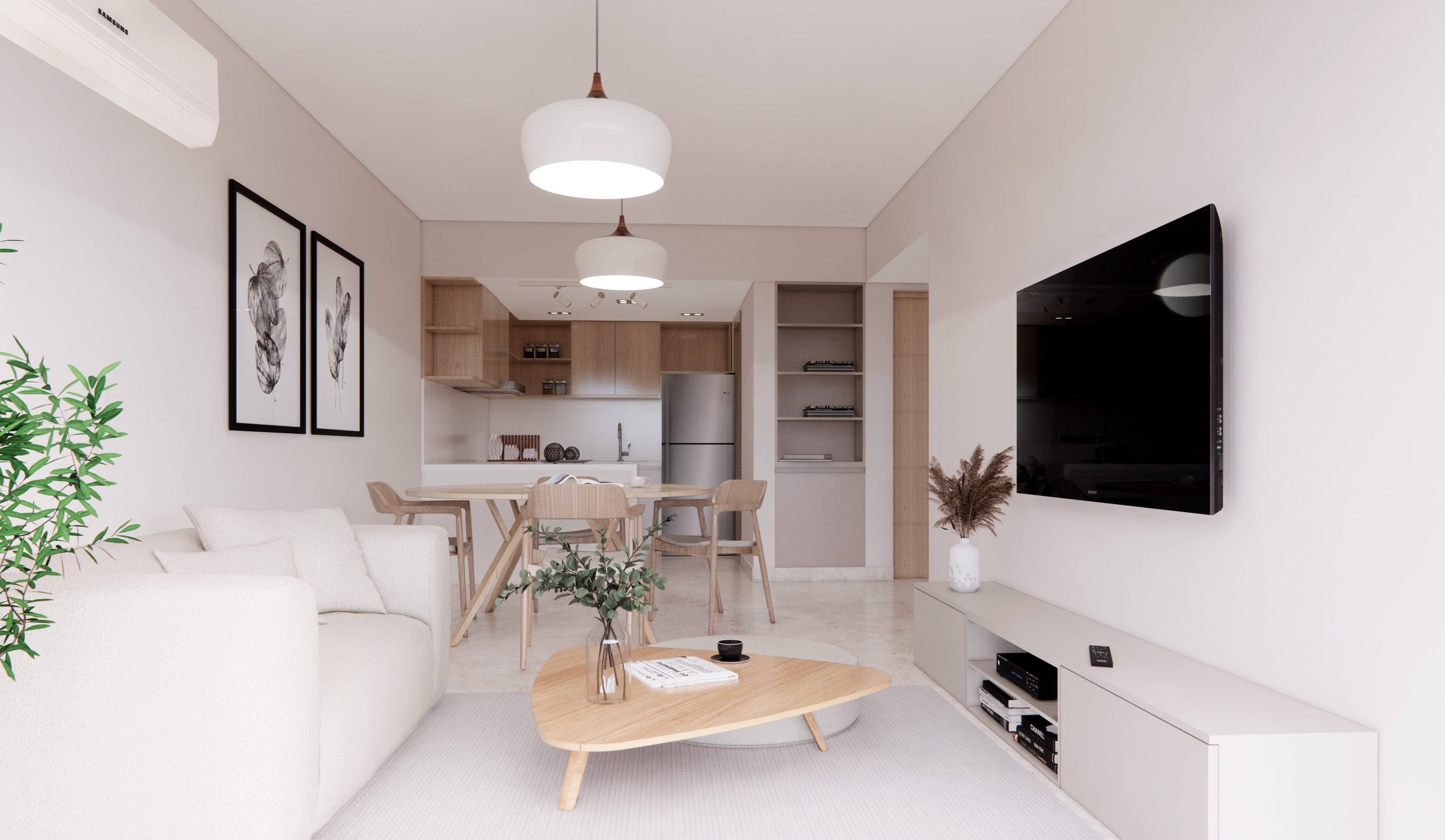 Interior de departamento de 2 dormitorios con diseño moderno, cocina integrada y amplios ventanales